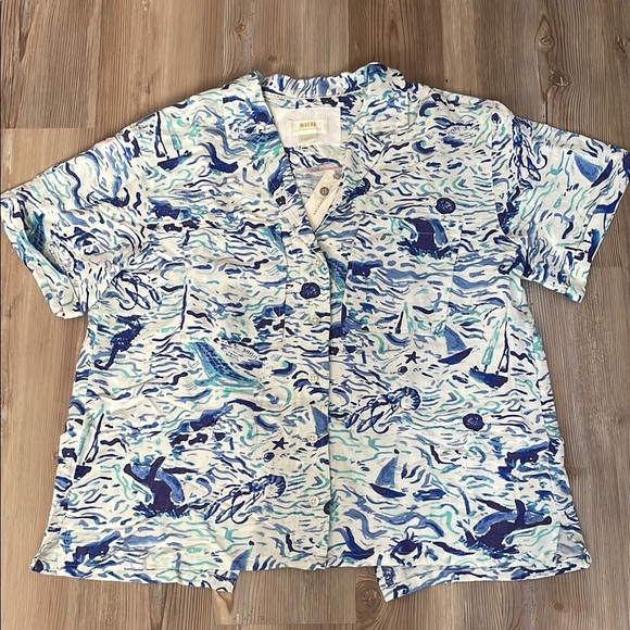 Maeve Anthropologie Button Down Blue White Surf Shirt Size XS Linen Coastal NWT - Picture 4 of 13
